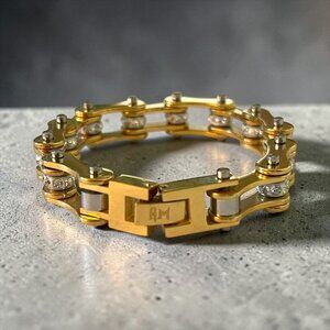 Stainless Steel Motorcycle Chain Bracelet Two Tone Gold Silver CZ Biker Link